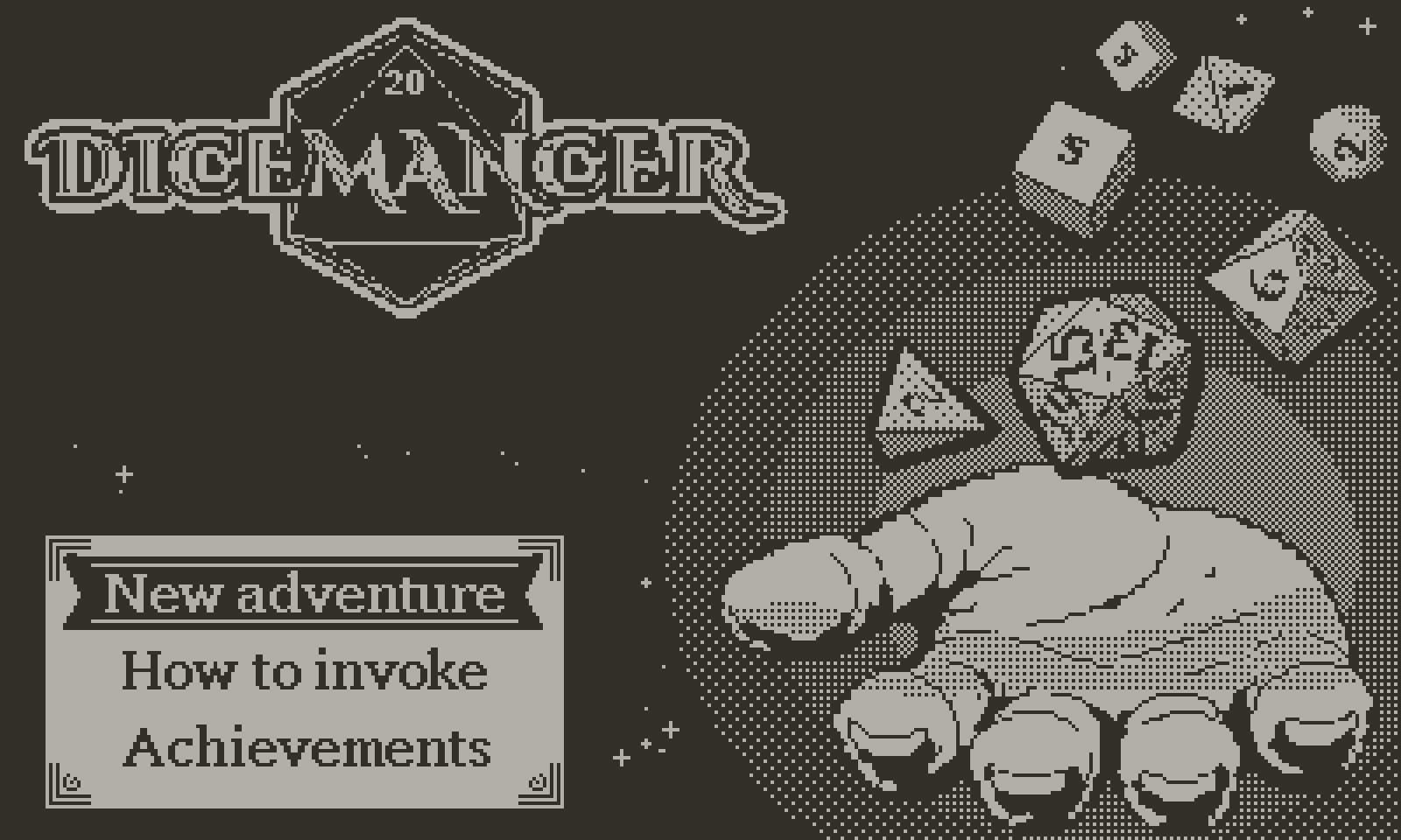 Dicemancer title screen: the Dicemancer logo above a hand holding a die, with six dice floating around it and the menu New adventure, How to invoke and Achievements.
